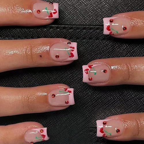Ceboic 24Pcs Short Square False Nails, Nude Natural Fake Nails French Pink Tip Press on Nails with Cherry Design, Acrylic Stick on Nail Manicure Kit for Women Girls