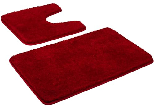 Badematten Set 2 Teilig, Badezimmerteppich Rutschfest Mikrofaser, Rot | 50x80+50x50 cm Badteppich Set, Waschbar, Flauschiger Badvorleger, Weiche Duschmatte für Badezimmer und Toilette