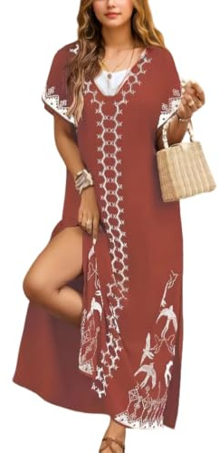 YouKD - Abito ricamato in caftano stile bohémien, copricostume da spiaggia, per bikini, taglia grande, abbigliamento da casa per donne, Taglia unica