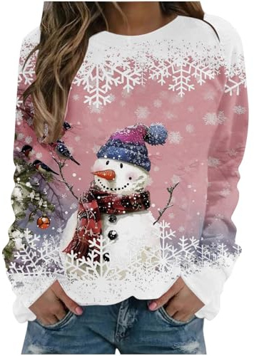 HAOLEI Ladies Christmas Jumpers UK Clearance,Women Christmas Reindeer Jumpers Funny Snowman Print Graphic Sweatshirts Cute Long Sleeve Novelty Hoodies Xmas Holiday Shirt Going Out Pullover Tops