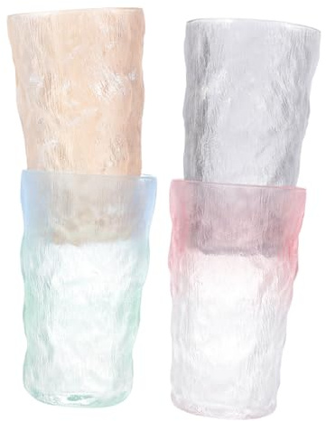 TOPPERFUN Gradient Color Glass Cups Set – 4pcs Large Capacity Drink Water Glasses with Glacier Frosted Texture, Assorted Blue, Red, Amber, and Smoke for Home, Bar, and Restaurant Use