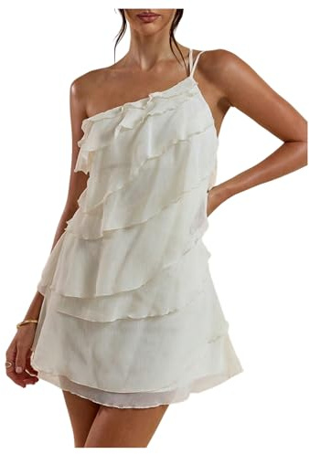 SOLY HUX Women's Mini Dress One Shoulder Ruffle Mesh Dresses Layered Backless Vacation Party Sundresses Plain Beige X-Small