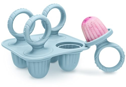 4 Mini Moule à Glace Bébé Réutilisable, 4 Pochons en Silicome Alimentaire | Sans BPA, Moules à Popsicle Enfant avec Bâtonnets, Compatible Lave-vaisselle, pour Popsicles, Crèmes Glacées, Sorbets (Bleu)