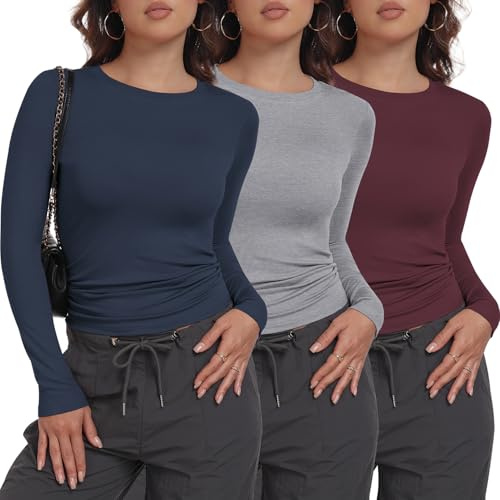 miijoory 3/5-pack långärmad tröja damer rund hals basic långärmad t-shirt slim fit Y2K top casual stretchig långärmad toppar