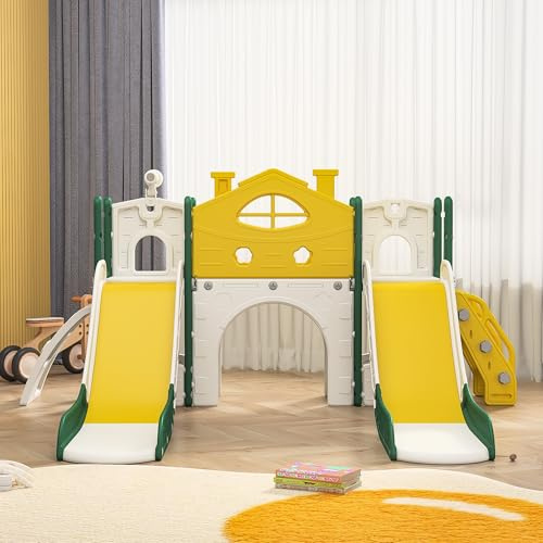 Kinder Indoor Schaukel mit Rutsche,7 in 1 Kinderrutsche Schaukel Basketballkorb,Kletterleiter,Kinder Rutsche Indoor und Outdoor,Hinterhof Baby Rutsche Set,Kinderrutschen (Grün+Gelb-bb, 7 in 1)