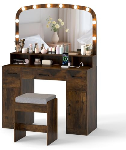 COSTWAY Schminktisch mit Schminkhocker & 3 Lichtfarben LED-Spiegel, Frisiertisch mit Ladestation, 3 Schubladen, 2 Schränke, Kosmetiktisch inkl Kosmetikhocker 108 x 40 x 149cm (Braun)