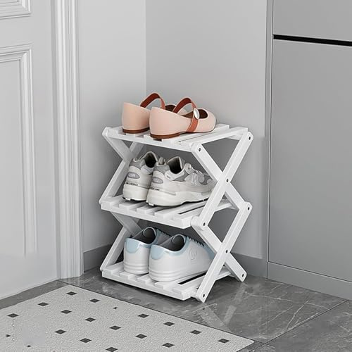 Schuhregal aus Bambus – freistehender Organizer mit 3 Ebenen für Eingangsbereich, Schrank und Flur – ideale schmale Lösung für kleine Räume, Farbe: Weiß, Größe: 3 Ebenen