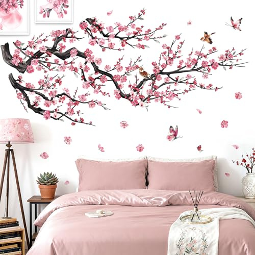 decalmile Stickers Muraux Branche de Fleurs Rose Autocollant Mural Fleurs de Cerisier Floral Arbre Aquarelle Décoration Murale Chambre Enfants Bébé Salon TV Mur