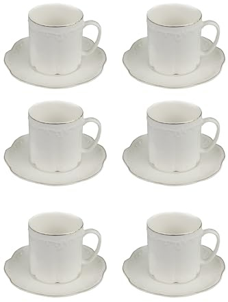 GuangYang 7oz Fine Porcelain Tea Cups and Saucers Set with Gold Trim – Elegant White Embossed Coffee & Tea Cup Set for Afternoon Tea, Cappuccino, Latte, Wedding or Gift