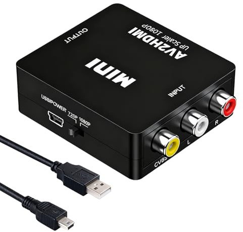 Vakler RCA auf HDMI Konverter, 1080P AV auf HDMI Adapter Plug-&-Play 720p/1080p@60Hz Composite CVBS Video Audio Konverter mit USB-Netzkabel für PS2/Xbox/SNES/N64/DVD/Videorecorder