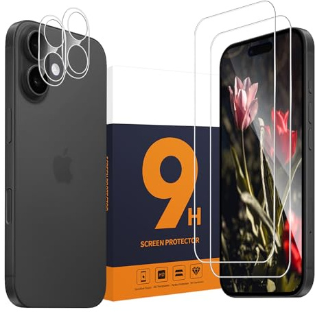 Carantee 2 Stück Schutzfolie für Panzerglas für iPhone 16 5G, +2 Kameraschutz, 9H Härte, 2,5D-Abdeckung Schutzglas, Blasenfreie, Sensitive Touch, Hoch Definition iPhone 16 Displayschutzfolie