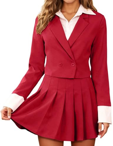 YOSUWOAI Blazer - Falda corta para mujer, 2 unidades, estilo informal, plisada, minifalda, corsé, chaqueta blazer con solapa, con botón, traje de ocio de un solo color, elegante para exteriores, O
