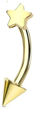 Jewel Barrel Piercing para cejas de acero quirúrgico de 16 g (1,2 mm), barra de labios vertical de 8 mm con estrella fija y extremo cónico, plateado, dorado, negro, 16G, Acero quirúrgico 316L, No es