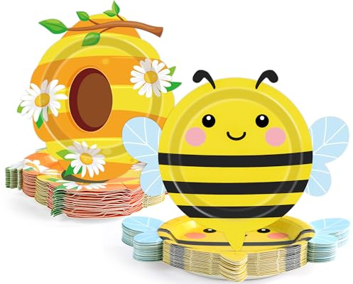 48pcs Beehive Paper Plates Bee Theme Party Tableware Supplies Durable Bee Dessert Plates with Honeycomb Patterns for Spring Birthday Baby Shower Garden Celebrations Party 7 Inch Dinnerware Supplies