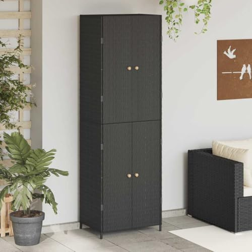 Foknhdi Gartenschrank Schwarz 59x40x180 cm Poly Rattan mit Akazienholz Türgriffen, Robuste Aufbewahrung für Balkon Terrasse Flur