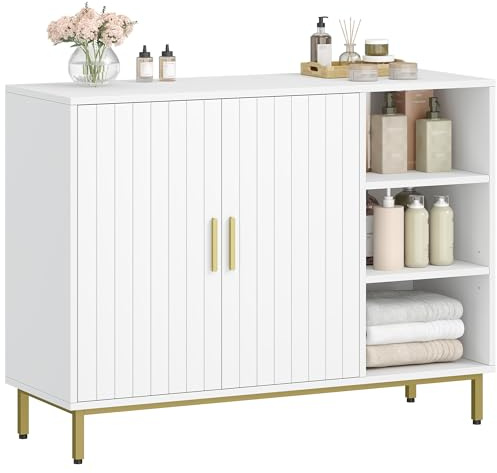 Fobyfurny Badrumsskåp Fristående, 100 x 35 x 75 cm, Vit och Guld | Två dörrar, Justerbara hyllplan, FFBC021PW1