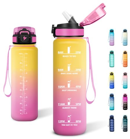 JAPORIA Borraccia 1 Litro, Borraccia Sportiva con Cannuccia, Bottiglia Acqua con Indicatore del Tempo, a Prova Di Perdite, per Corsa, Ufficio