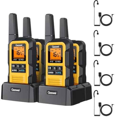Gaswei G2Pro+ Walkie Talkie Longue Portée con Auriculares | IP67 Resistente al Agua, Flotante,Doble PTT, SOS, FM Radio,Carga USB -C,Ideal para Senderismo y Obras(4 Unidades - Amarillo)