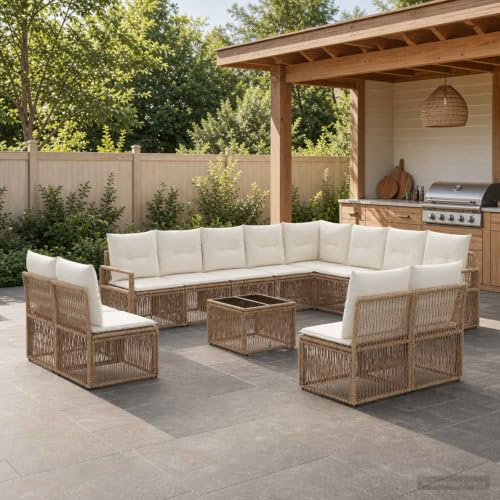 Ziaphsol Trädgårdssockset 13 delar beige poly-rotting loungegrupp utomhusmöbler matgrupp balkongmöbler modulär sittuppsättning för terrass trädgård veranda