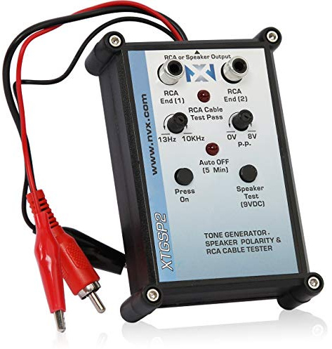 NVX XTGSP2 Tone Generator & Speaker Polarity Tester, 0–8V Output, 13–10,000Hz Variable Tone, RCA & Alligator Clip Leads, Auto Shutoff, Level & Frequency Controls for Audio System Setup