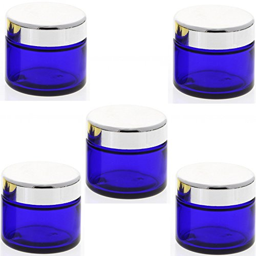 Blau Glas-Tiegel 50ml mit Deckel Silber, Leere Kosmetex Glas Creme-Dose, Kosmetik-Dose aus Blauglas, Blau - Silber, 5 Stück