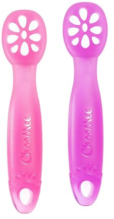 ChooMee FlexiDip Baby Starter Spoon | Platinum Silicone | First Stage Teething Friendly Learning Utensil | 2 CT | Pink Purple