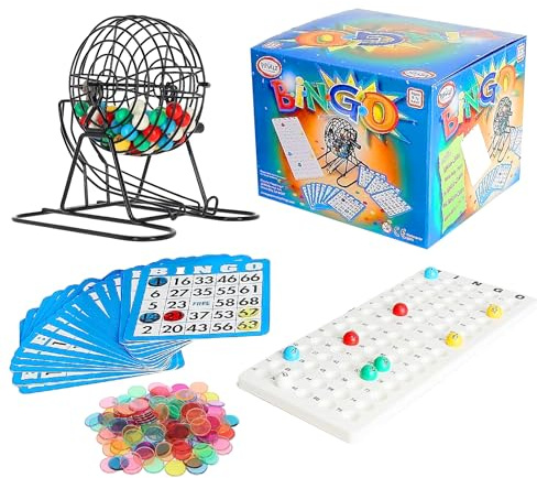 Popular Playthings Deluxe Bingo Game Set, Metal Cage with Reusable Cards and Marker Chips, Board Game Set for Adults and Kids - 18 Cards & 150 Chips