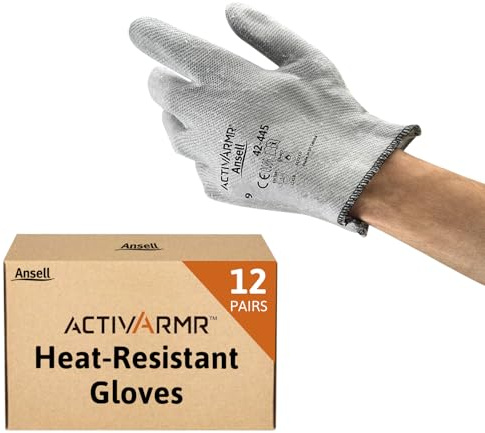 Ansell ActivArmr 42-445 Guantes Resistentes al Calor, Protección Alta Temperatura, Guante Seguridad Usos Industriales, Mecánicos y Químicos, Diseño Robusto, Guantes Nitrilo, Gris, Talla XL (12 Pares)