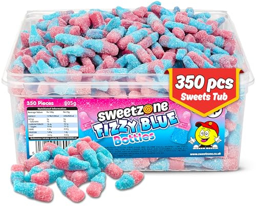 Sweetzone Small Fizzy Pink and Blue Bottles, Halal Retro Sweets, Bubblegum Flavoured Gummies, Tub, Sweet Box, Old Fashioned Tubs of Sweets for Sweet Lovers, Pick and Mix, 805g, 350 Pcs Tub