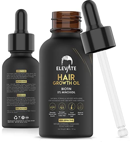 Elevate Hair Regrowth Treatment 5% Minoxidil Solution - Biotin Serum Hair Growth Oil for Men & Women - Thicker Fuller Stronger Hair - Stops Hair Loss & Thinning - Natural Hair Thickening Treatment 1oz