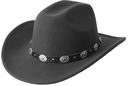 Lanzom Sombrero de vaquero occidental para mujeres y hombres, sombrero de ala ancha de fieltro para exteriores con hebilla de cinturón, Gris oscuro, M
