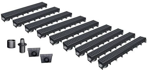 Pack de 9 Caniveaux Extérieurs MEAPARK – Grille Passerelle en Polyamide – Drainage Terrasse, Piscine, Jardin – Classe B125 Véhicule léger – Largeur utile 10 cm