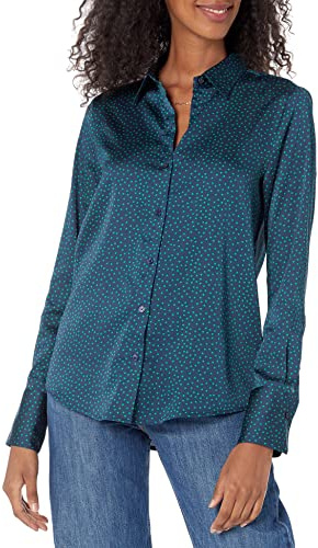 Amazon Essentials Camisa de Satén con Botones de Corte Estándar (Disponible en Tallas Grandes) Mujer, Azul Marino Oscuro Diamante, XS