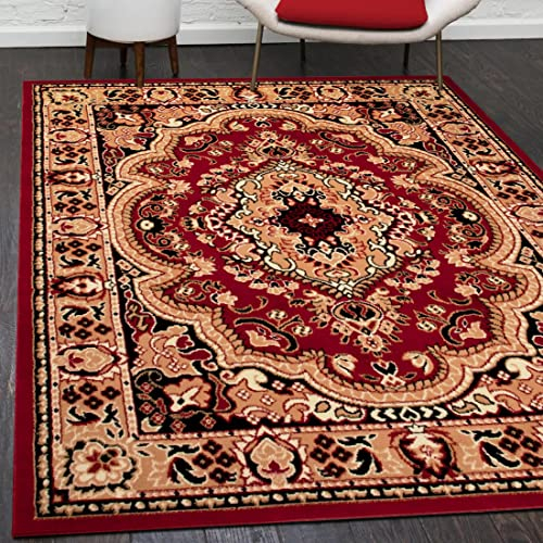 Mazovia Orientalisch Vintage Teppich - Kurzflor - Muster mit Medaillon - Traditioneller Teppich für Wohnzimmer, Esszimmer - ÖKO-TEX Wohnzimmerteppich - Rot 300 x 400 cm