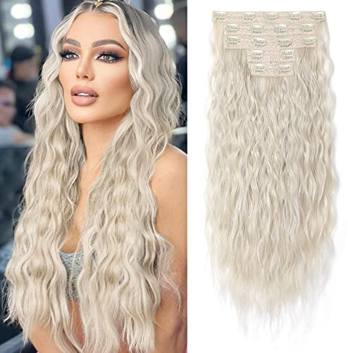 Hair Extensions, REECHO Blonde Clip in Hair Extensions 24 Thick Long Loose Waves hair extensions HE002 Invisible Lace Weft Natural Soft Hairpieces for Women ¨C Platinum Blonde