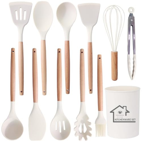 Kitchen Utensils Set, 12Pcs Silicone Cooking Utensils Set, Kitchen Tools Turner Spatula for Nonstick Heat Resistant Cookware, White