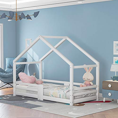 WIZBED Kinderbett 90 x 200 cm, Hausbett mit Schornstein Rausfallschutz Robuste Lattenroste, Kiefernholz Haus Bett for Kids ohne Matratze Weiß