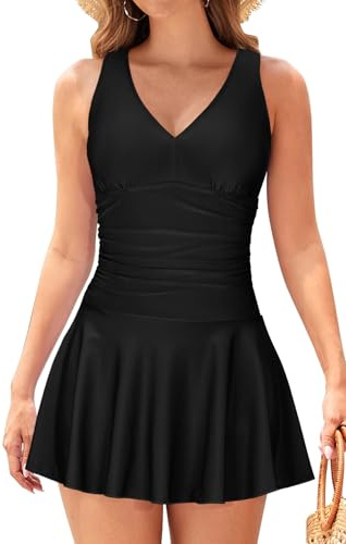 SHEKINI Maillot de Bain Une Pièce Femme avec Jupette Maillot de Bain 1 Pièce Col en V Robe Maillot de Bain Femme(XS, D Noir)