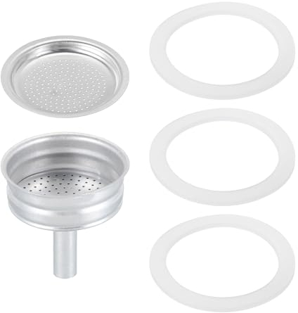 QUARKZMAN Pièces de Rechange pour Cafetière Italienne en Aluminium Avec 1 Filtre et 3 Joints D'Étanchéité en Silicone, 1 Entonnoir de 50x40x5,5 mm pour Cafetière Moka 2 Tasses (Argent)