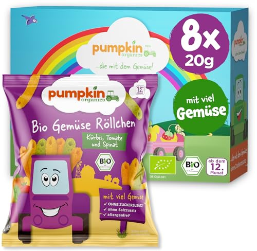 Pumpkin Organics Baby Bio Knabbersnack 8x Gemüse Röllchen 100% Bio | Gemüsefreude zum Knabbern ab 12 Monaten, allergenfreier² und glutenfreier² Bio Kindersnack ohne Salz- oder Zuckerzusatz¹