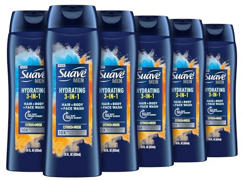 Suave Men Moisturizing Body, Face and Hair Wash, 3-in-1 For Hydrated Skin and Hair, Citrus & Musk scent, No Parabens, No Phtahaltes, 18 Oz Pack of 6