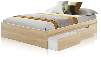 duehome | Cama Doble, Cama con Almacenaje, Modelo Four, Acabado en Roble Canadian, Medidas: 156 cm (Ancho) x 196 cm (Largo) x 37 cm (Alto)