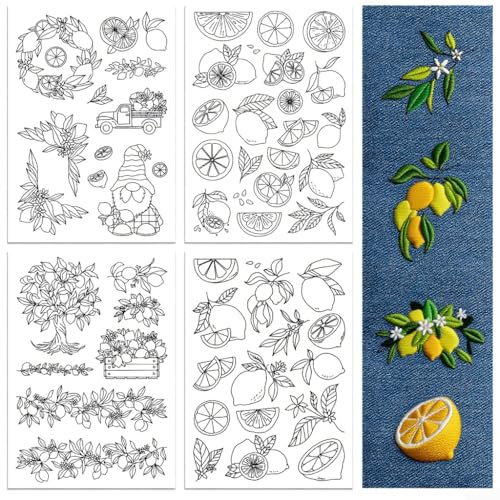 peacoblue Stickvorlagen Wasserlöslich für Anfänger 4 Sheet Zitrone with 55pcs Muster, Wash Away Stick and Stitch Auflösbares Stickereipapier für Handnähbegeisterte Frauen Erwachsene | 4 Blatt Stickvorlagen mit 55 Stück, Aufbügelbare Stickhilfe zum Abwaschen für Handstickerei Anfänger und Kreative