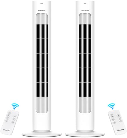 Aigostar Ventilador de Torre con Mando a Distancia, Silencioso, 3 Velocidades y 3 Modos, Oscilación 70°, Ventilador Portátil con Temporizador de 7 horas, Altura 86cm, 50W, Blanco, 2 Unidades