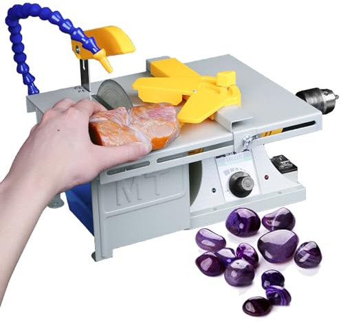 Scie à Table lapidaire - Machine de Polissage de Roche - Meuleuse multifonctionnelle à Vitesse réglable, avec Tuyau d'eau réglable - Hauteur de Coupe 4 cm - Support de meulage/Coupe/perçage - avec a