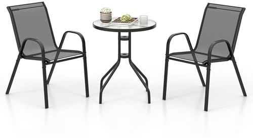 GOPLUS Ensemble Bistrot de Jardin 3 Pièces, Ensemble Salon de Jardin 1 Table 2 Chaises d'Extérieur, Table Ronde en Verre Trempé et Fauteuils pour Jardin, Cour Arrière, Balcon, Porche