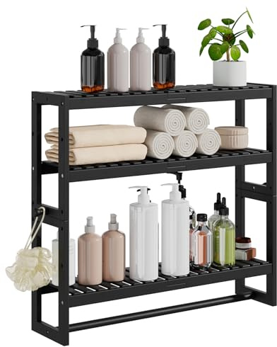 Bambu badrumshylla, 14 cm D x 60 cm B x 55 cm H, 3-nivåer justerbart lager flytande väggmonterad eller stativ med bar, stående hyllenheter, handduksställ hängande stång för badrum, kök (svart)