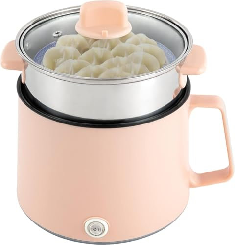 Electric Cooker Hot Pot, 1.7L Electric Hot Pot Multifunctional Portable Travel Cooker, with Steamer Rapid Noodles Home Dorm Multi-Functional Skillet Pink