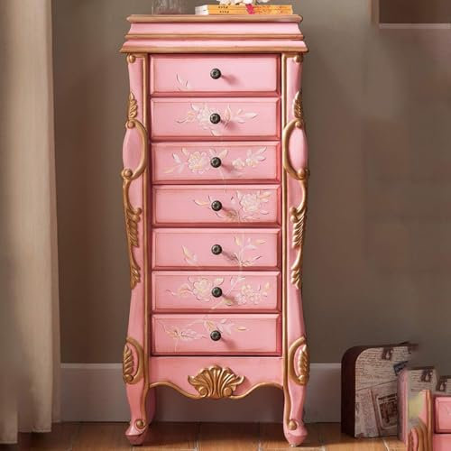 Armoire de rangement sur pied avec 7 tiroirs, 2 portes battantes, 12 crochets pour collier – Grand organiseur de rangement divisé en rose – Armoire à bijoux pour femme