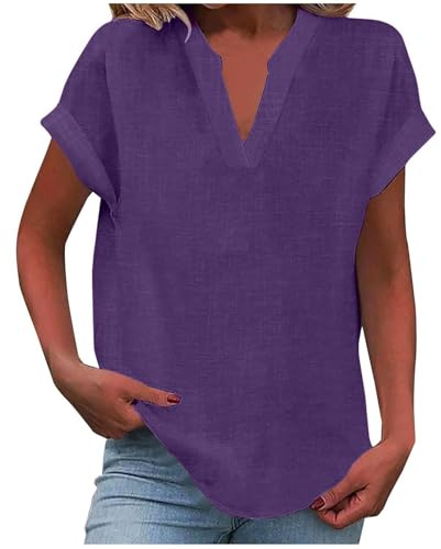 Chemisiers et Blouses Femme Tunique à Manches Courtes et Col en V | Blouses Femme avec Boutons Couleur Unie Coton Lin Tee Shirt Femme
